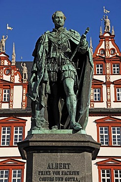 Prince Albert Memorial from 1865, present from Queen Victoria to the citizens of Coburg, Stadthaus Renaissance building at back, Coburg, Upper Franconia, Germany, Europe