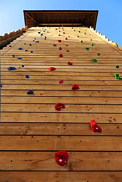 Wooden climbing tower with climbing handholds, Farnborough, England, United Kingdom, Europe