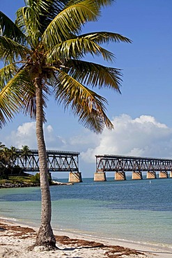 Old railway bridge and sandy beach in Bahia Honda State Park, Florida Keys, Florida, USA