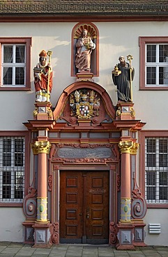 Renaissance portal with the figures of St. Boniface, Jesus Christ and St. Benedict of Nursia, convent building of the former Benedictine monastery at Fulda Cathedral, Cathedral of St. Salvator, Fulda, Hesse, Germany, Europe