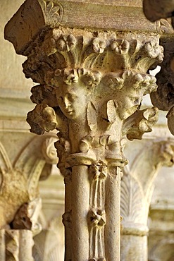 Columns with ornate capitals in the cloister of the Gothic basilica of the Cistercian monastery Fossanova Abbey, near Priverno, Lazio, Italy, Europe