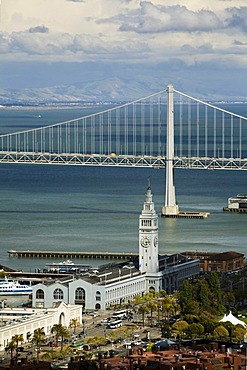 View from Coit Tower over San Francisco Bay with the Oakland Bay Bridge and the Ferry Building, San Francisco, California, USA