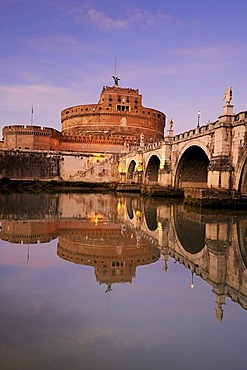 Castel Sant'Angelo and Ponte Sant'Angelo reflected in the Tiber river, Rome, Italy, Europe