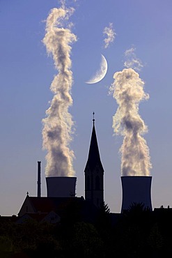 Church of Roethlein in front of Grafenrheinfeld Nuclear Power Plant and the Moon, Lower Franconia, Bavaria, Germany, Europe, composing