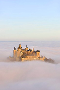 Burg Hohenzollern Castle with fog, autumn, Hechingen, Swabian Alb, Baden-Wuerttemberg, Germany, Europe