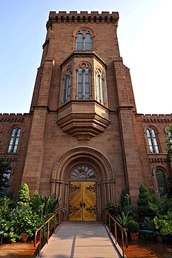 View from the Enid A. Haupt Garden to the gate of the Smithsonian Institution Building, admin building and museum, commonly known as "The Castle", National Mall, Washington DC, District of Columbia, United States of America, PublicGround