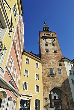 Main square with facades and Schmalzturm tower, Landsberg am Lech, Bavaria, Germany, Europe