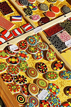 Colourful ceramic buttons and pendants, Auer Dult market, Munich, Bavaria, Germany, Europe