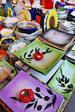 Colourful tableware, Auer Dult market, Munich, Bavaria, Germany, Europe