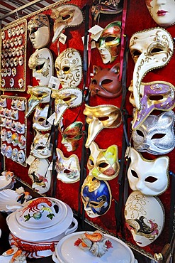 Venetian masks and crockery, Auer Dult market, Munich, Bavaria, Germany, Europe