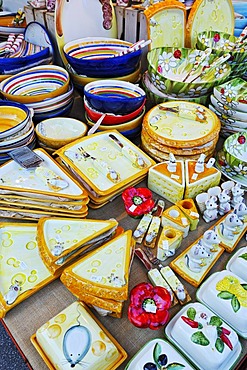 Crockery with cheese and mouse designs, Auer Dult market, Munich, Bavaria, Germany, Europe