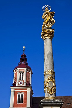 Marian column with steeple of the collegiate church in Poellau, Styria, Austria, Europe