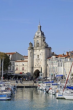 Boats, Porte de la Grosse Horloge, city gate, port, promenade, La Rochelle, Charente-Maritime, Poitou-Charentes, France, Europe, PublicGround