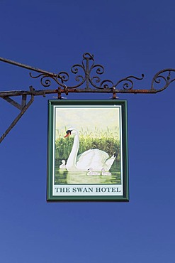 The Swan hotel sign, a traditional hotel and pub in the historic Essex market town of Thaxted, England, United Kingdom, Europe