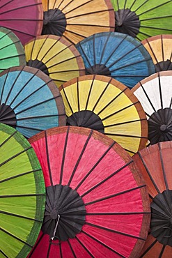 Multicoloured hand-made paper umbrellas or parasols, Luang Prabang, Laos, Southeast Asia