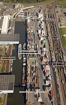 Aerial view, port of Duisburg, Duisport, container port, coal dock, Ruhr river, Rhine, Ruhrort quarter, Duisburg, Ruhr Area, North Rhine-Westphalia, Germany, Europe