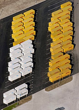 Aerial view, Metro Logistic with truck trailers in the port, Herringen, Hamm, Ruhr Area, North Rhine-Westphalia, Germany, Europe