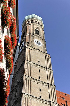 One of the twin spires of Frauenkirche, Church of Our Lady, Munich, Bavaria, Germany, Europe