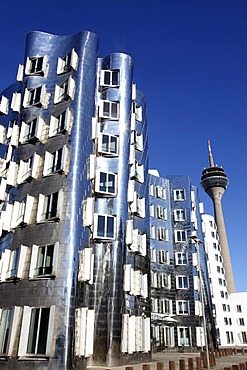 Neuer Zollhof or Gehry buildings, by architect Frank O. Gehry, Medienhafen media port, Duesseldorf, Rhineland, North Rhine-Westphalia, Germany, Europe, PublicGround