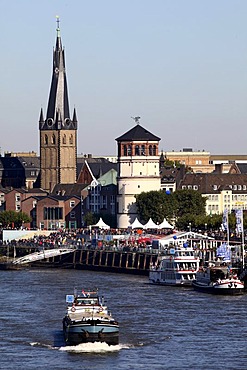 Rhine river bank, old town, Rhine ships, St. Lambertus church, Schlossturm tower, Duesseldorf, North Rhine-Westphalia, Germany, Europe