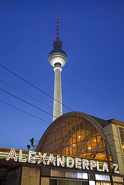 Television Tower and "Alexanderplatz" sign, Berlin, Germany, Europe