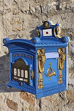 Historic blue mailbox, a replica of 1896, Germany, Europe