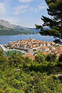 Overlooking the historic town centre of Korcula, Central Dalmatia, Dalmatia, Adriatic coast, Croatia, Europe, PublicGround