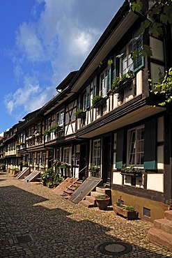 Half-timbered houses built in 1689 in an old residential street, Engelgasse street, Gengenbach, Baden-Wuerttemberg, Germany, Europe