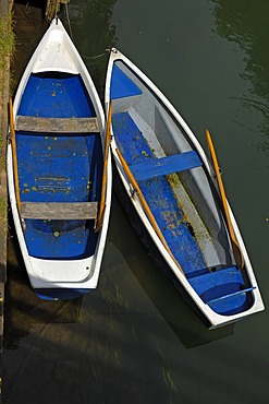 Two rowing boats at the jetty of a boat rental company, Behringersmuehle 19, Goessweinstein, Upper Franconia, Germany, Europe