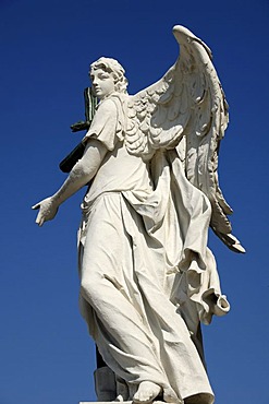 Sculpture of an angel with a cross in front of Karlskirche, St. Charles Church, Roman Baroque, completed in 1737, Karlsplatz Square, Vienna, Austria, Europe