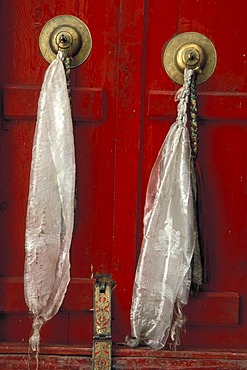 Doors to the prayer room, Tikse monastery, a Buddhist monastery, Ladakh, Jammu and Kashmir, Indian Himalayas, northern India, India, Asia