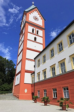 Belfry of Kloster Scheyern monastery, Abbey of the Bavarian Benedictine Congregation, Scheyern, Pfaffenhofen district, Bavaria, Germany, Europe