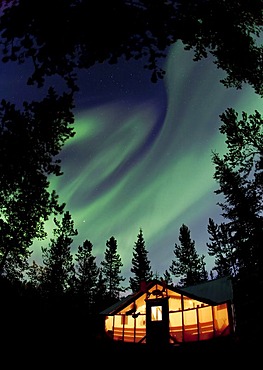 Illuminated wall tent, cabin with swirling Northern lights, Polar Aurorae, Aurora Borealis, green, near Whitehorse, Yukon Territory, Canada