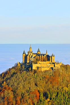 Burg Hohenzollern castle in autumn, Swabian Alp, Baden-Wuerttemberg, Germany, Europe