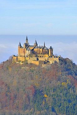 Burg Hohenzollern castle with fog, Swabian Alp, Baden-Wuerttemberg, Germany, Europe