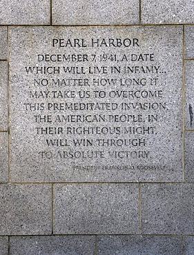 Inscription, excerpt of the Pearl Harbour Speech by Franklin D. Roosevelt, National World War II Memorial, WWII Memorial or Second World War Memorial, Washington DC, District of Columbia, United States of America, PublicGround