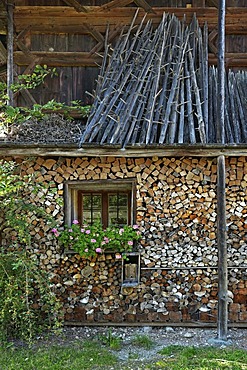 A wood pile and hay drying racks, Bauernhausmuseum Amerang farmhouse museum, Amerang, Bavaria, Germany, Europe