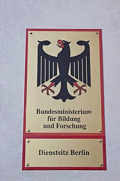 Sign, lettering "Bundesministerium fuer Bildung und Forschung", German for "Federal Ministry for Education and Research", Berlin office, Germany, Europe