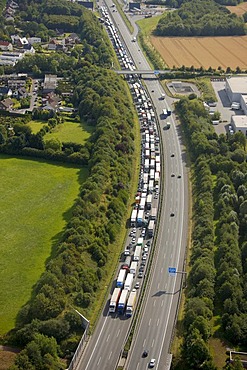 Aerial view, traffic backed up due to an accident with a truck resulting in closure of the highway, A2 motorway between Hamm-Rhynern and Hamm, Ruhr Area, North Rhine-Westphalia, Germany, Europe