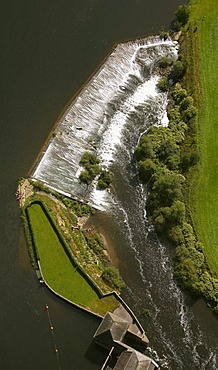 Aerial view, weir, hydroelectric power plant in Witten, river Ruhr, Ruhr Valley, Ruhr Area, North Rhine-Westphalia, Germany, Europe