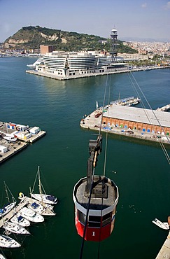 View of Port Vell, World Trade Center and Mt. Montjuic from the cable-car of Barcelona, Catalonia, Spain, Europe