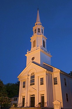 The floodlit Trinitarian Congregational Church at the blue hour, Concord, Massachusetts, USA