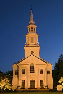 The floodlit Trinitarian Congregational Church at the blue hour, Concord, Massachusetts, USA