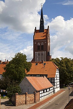 Half-timbered houses and St Mary's Church, town of Usedom, Usedom Island, Mecklenburg-Western Pomerania, Baltic Sea, Germany, Europe