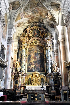 Choir and altar area, Monastery Church of St. Michael, Metten, Bavaria, Germany, Europe