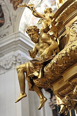 Sculpture, pulpit by L. Mattielli and A. Beduzzi, 1726, St. Stephen's Cathedral, Passau, Bavaria, Germany, Europe