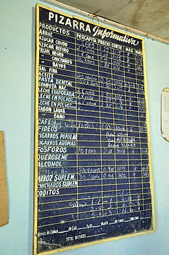 Blackboard with goods on offer in a bodega, a government store which trades food items for ration coupons, Baracoa, Cuba, Caribbean