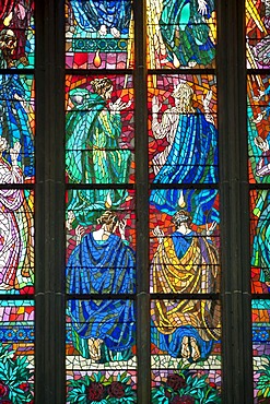 Stained-glass window, St Vitus Cathedral, Prague, Bohemia, Czech Republic, Europe