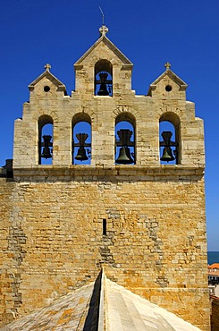 Belfry above the gable of the fortified church of Saintes-Maries-de-la-Mer, Camargue, France, Europe