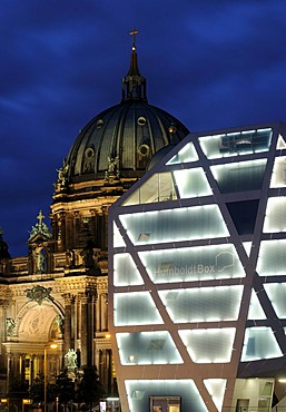 Humboldt Box, Berlin's most innovative exhibition space about the Humboldt Forum and the construction of the City Palace, in front of Berlin Cathedral, Schlossplatz 5, Schlossbruecke, Castle Bridge, Unter den Linden, Am Lustgarten, TV Tower, Berlin Mitte,